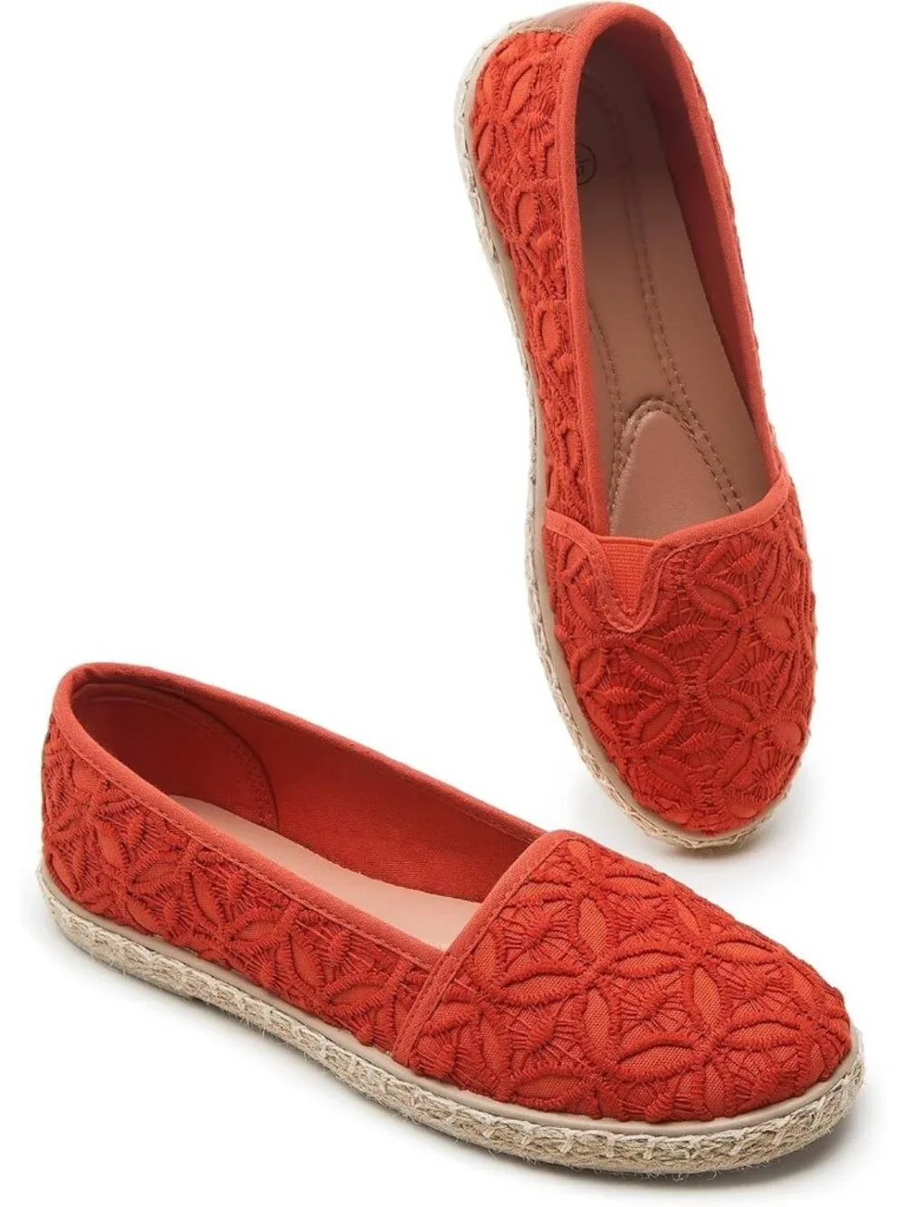 Womens Orange Rubber Flower Embroidered Comfortable Round Toe Casual Ballet Flat